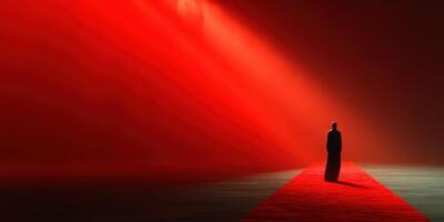 Individual stands on red carpet under dramatic lighting in a minimalistic setting during a festive event photo