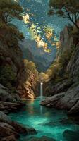 Breathtaking waterfall cascading into a serene river under a starry sky surrounded by majestic mountains photo