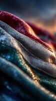 Textured fabric waves catch sunlight at dusk showcasing vibrant colors and intricate details in a serene setting photo