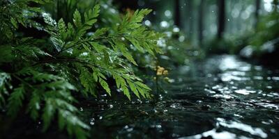 Lush greenery along a gentle stream in a serene forest setting during a rainy day photo