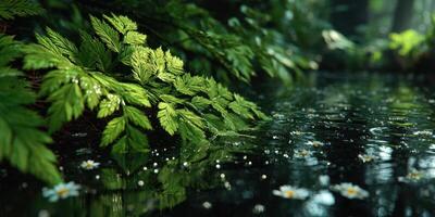 Raindrops create ripples on a tranquil pond surrounded by lush greenery and delicate flowers photo
