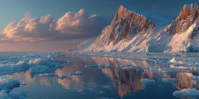 Stunning sunset over icy mountain range reflected in calm Arctic waters captured in twilight hours photo