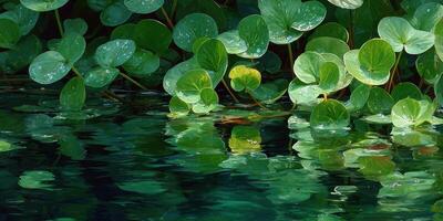 Lush green leaves with droplets reflecting in calm water create a serene natural environment during daylight photo