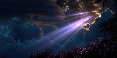 Mystical night sky with purple light beams shining through dark clouds over a serene landscape photo