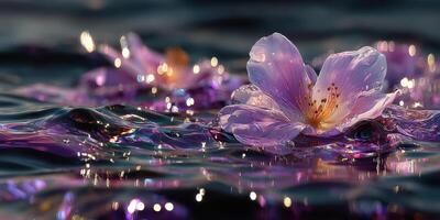 Floating purple flowers rest gently on the sparkling water surface in a serene natural setting at dusk photo