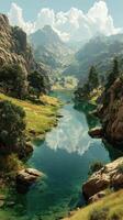 Scenic river winds through lush valley surrounded by majestic mountains under a clear sky photo
