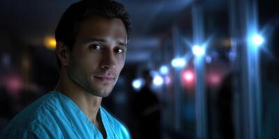 Young healthcare professional poses calmly in a well-lit hospital corridor during a night shift photo