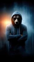 Cool bear with sunglasses wearing a hoodie stands confidently in a dramatic urban setting during nighttime photo