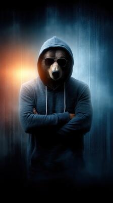 Cool bear with sunglasses wearing a hoodie stands confidently in a dramatic urban setting during nighttime