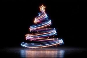 Brightly colored swirling lights form a glowing Christmas tree against a dark background during the holiday season photo