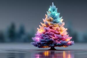 Colorful illuminated Christmas tree reflecting on water in a serene setting during the evening hours photo