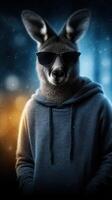 Kangaroo in sunglasses wearing a hoodie stands confidently against a blurred nighttime urban background photo