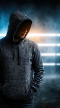 Mysterious figure in hoodie stands against illuminated backdrop in urban setting at night photo