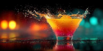 Colorful cocktail splashing in a glass under vibrant lights during a festive night photo