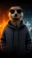 Meerkat wearing sunglasses and hoodie in a futuristic backdrop with vibrant colors photo