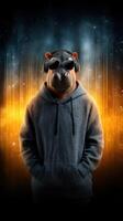 Hippo wearing sunglasses and headphones showcases a stylish vibe in an urban setting with vibrant light effects photo