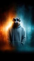 Unique figure wearing a horse mask and headphones stands against a colorful abstract background with warm and cool tones photo