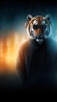Cool tiger with sunglasses and headphones stands confidently in a dark urban setting with colorful lights at night photo