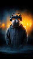 Hippo wearing headphones and sunglasses in a cool urban environment at night with glowing lights in the background photo
