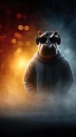 Hippo wearing headphones in urban setting with colorful lights and fog during nighttime photo