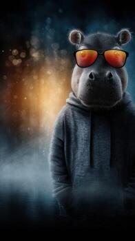 Hippo in sunglasses wears a hoodie against a mystical background filled with light and fog photo