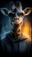 Giraffe wearing sunglasses and hoodie exuding a cool vibe in a vibrant digital art setting photo