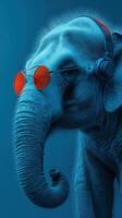 Elephant wearing headphones and sunglasses in vibrant blue setting while showcasing unique artistic expression photo