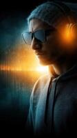 Young man wearing headphones listens to music with vibrant sound waves in the background during a cool nighttime setting photo
