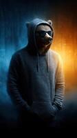 Bear in a hoodie with sunglasses standing confidently in a forest at night photo