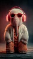Unique character wearing headphones and sunglasses, posing confidently against a moody backdrop photo
