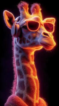 Giraffe with headphones and sunglasses poses confidently against a colorful background in a playful setting photo