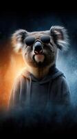 Koala wearing sunglasses poses confidently in a stylish hoodie with a colorful background photo