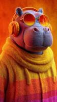 Hippo wearing stylish headphones and colorful sweater in a vibrant background photo