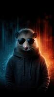 Cool opossum wearing sunglasses and hoodie standing against a colorful background at night photo
