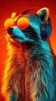 Raccoon wearing sunglasses and headphones enjoys music in vibrant, neon colors photo