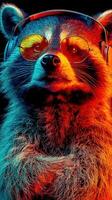 Raccoon wearing headphones and sunglasses in vibrant colors enjoys a music listening moment photo