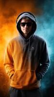 Stylish individual in a hoodie and sunglasses stands confidently against a vibrant, colorful background photo
