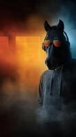 Cool horse character wearing sunglasses and headphones in a vibrant, smoky setting with colorful lights photo