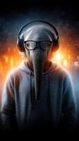 Unique elephant-headed figure wearing glasses and headphones stands confidently in a vibrant, illuminated setting photo