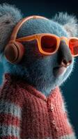 Koala wearing headphones and sunglasses enjoys a relaxed moment indoors in a vibrant, playful setting photo