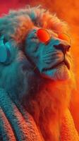 Lion with sunglasses and headphones enjoys vibrant sunset colors in a surreal digital artwork photo