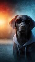Black dog wearing sunglasses and hoodie poses confidently in a striking urban setting at dusk photo