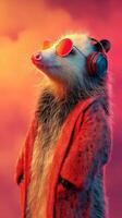 Opossum in sunglasses and headphones wearing a robe against a colorful sunset background photo