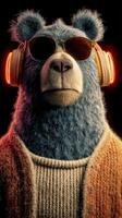 Cool bear wearing sunglasses and headphones showcases unique character against a dark background photo
