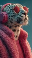 Cool leopard wearing pink sunglasses and headphones in a vibrant urban setting photo