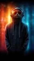 Cool cat wearing sunglasses and hoodie stands confidently against a vibrant blue and orange backdrop photo
