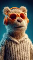 Cute bear character wearing headphones and sunglasses in a cozy sweater against a colorful background photo