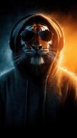 Cool tiger wearing hoodie and sunglasses, enjoying music in vibrant colors at night photo