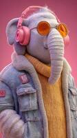 Cool elephant character wearing headphones and sunglasses poses confidently in a vibrant setting photo