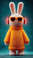 Cute rabbit character in colorful outfit with headphones and sunglasses posing in a vibrant setting photo